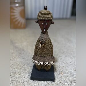 Handcrafted African Tribal Beaded Wooden Figure Sculpture on Stand